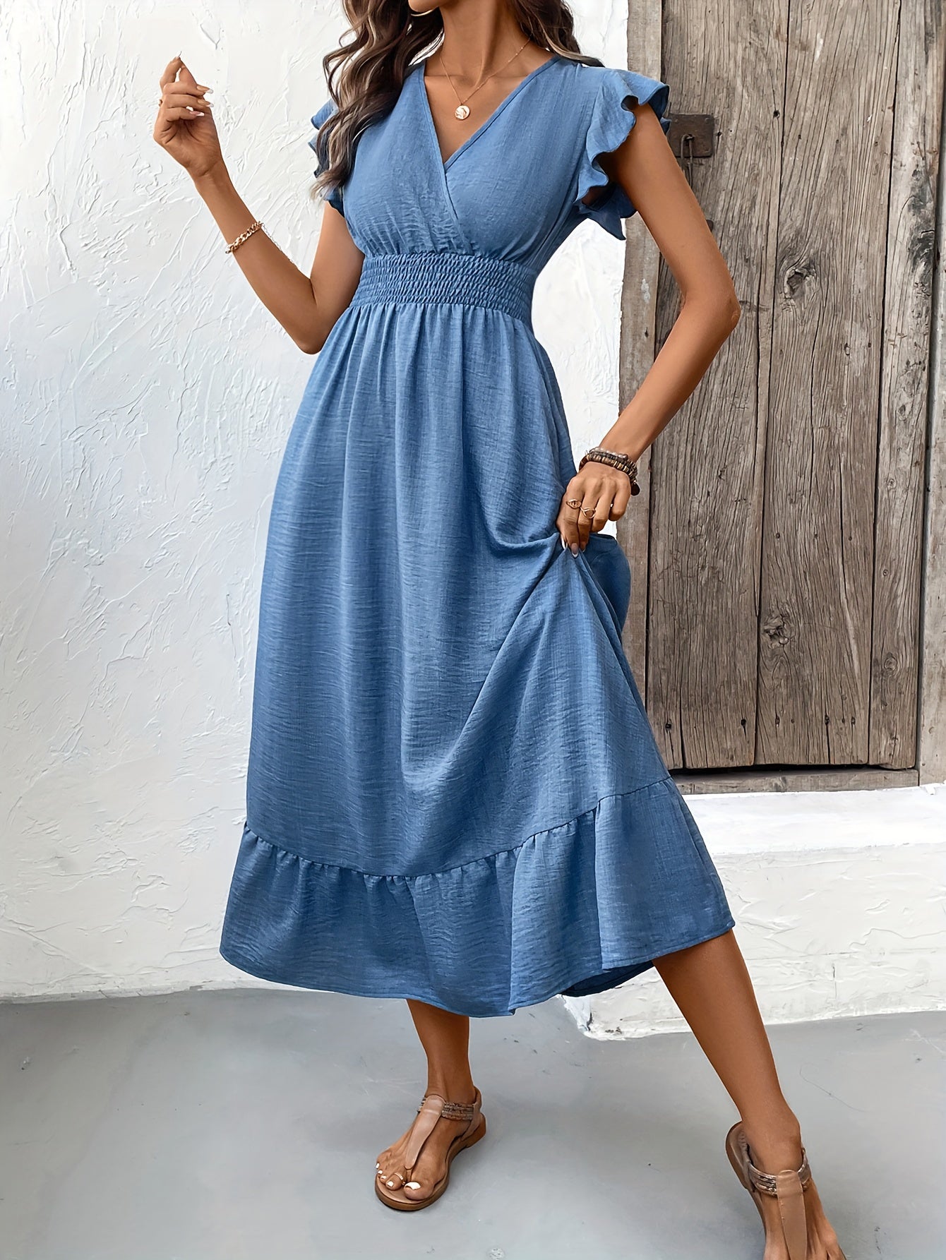 Women's Midi Dress - V-Neck Wrap Style - Flutter Sleeves - Smocked Waist - Ruffle Hem