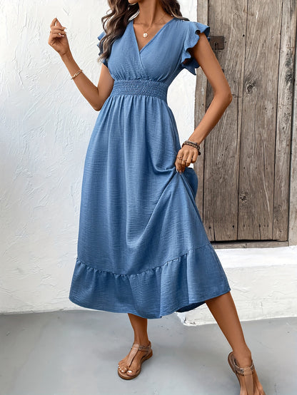 Women's Midi Dress - V-Neck Wrap Style - Flutter Sleeves - Smocked Waist - Ruffle Hem