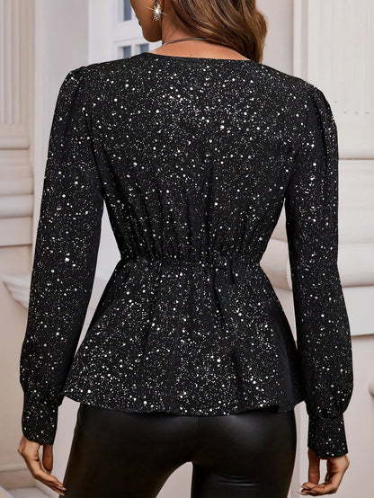 V-neck long-sleeved asymmetrical hem peplum top for women