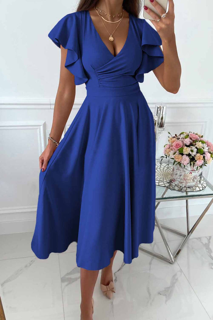 Women's Midi Dress – V-Neck – Ruffle Sleeves – Fitted Waist – A-Line Silhouette