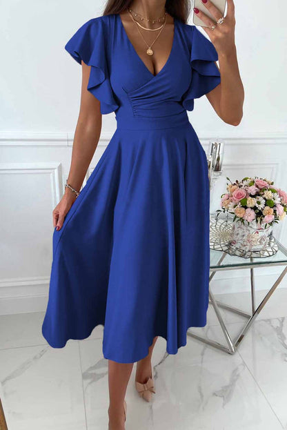 Women's Midi Dress – V-Neck – Ruffle Sleeves – Fitted Waist – A-Line Silhouette