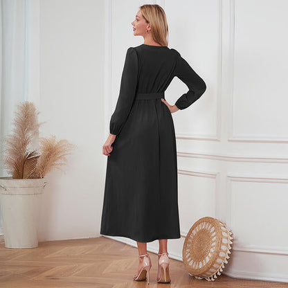 Women's Maxi Dress - V-Neck Button Front - Long Sleeve Tie Waist Flowy Fit