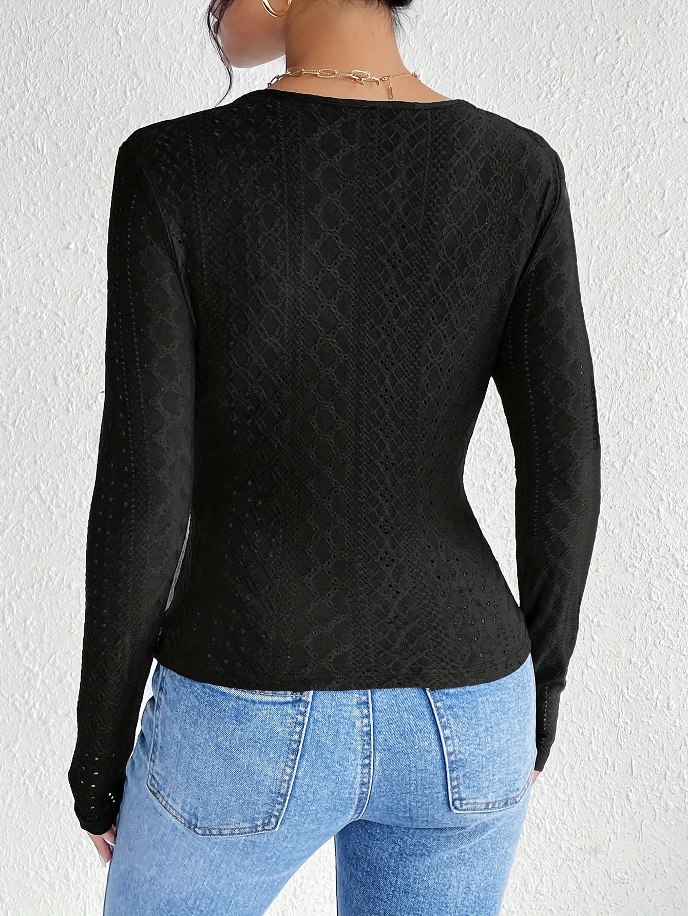 Women's Lace Blouse - V-Neck Long Sleeve - Fitted Floral Embroidered Elegant Top