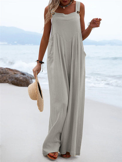 Women's Wide-Leg Jumpsuit - Breathable Fabric - Relaxed Fit - Button Straps & Pockets