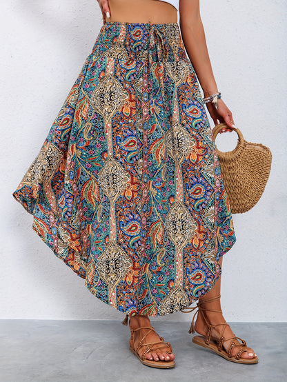 Women's Maxi Skirt - Bohemian Paisley Print - Asymmetrical Flowing Hem - Elastic Waist