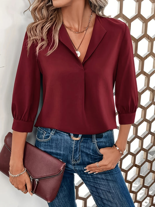 Relaxed Fit V-Neck Blouse With Notched Lapel