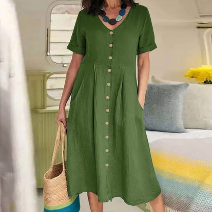 Women's Dress - Cotton Linen Blend - V-Neck Button Front - Short Sleeve Flared Fit