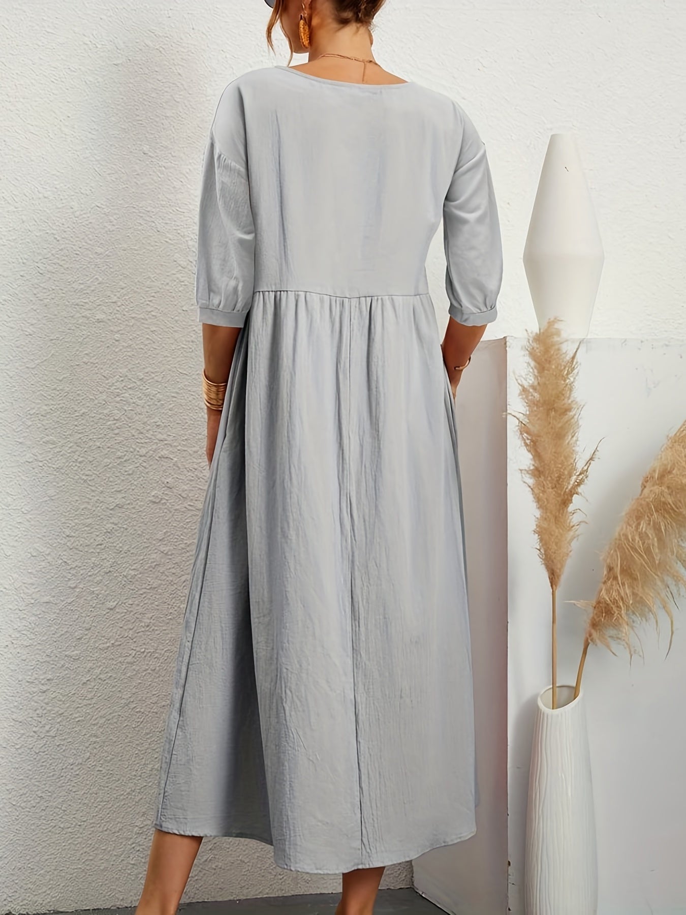Women's Midi Dress - Empire Waist - Three-Quarter Sleeve - Elegant A-Line Fit