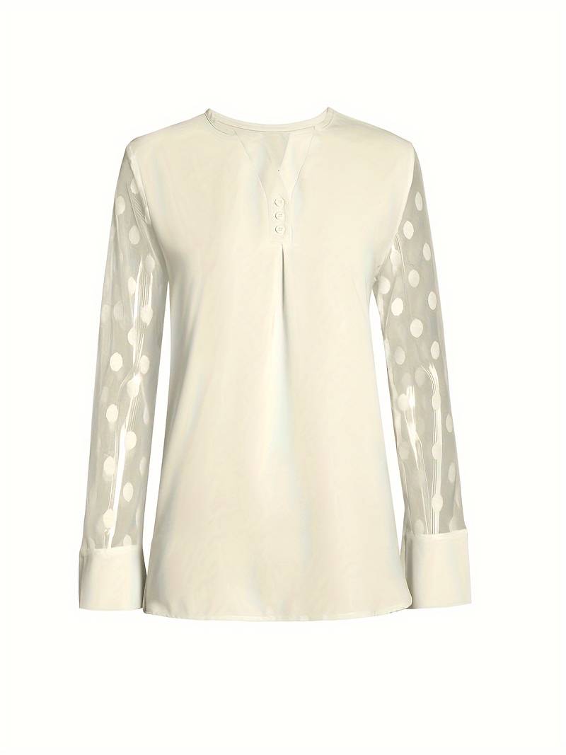 Women's Blouse - Sheer Polka Dot Sleeves - Round Neck - Relaxed Fit Stylish Wear