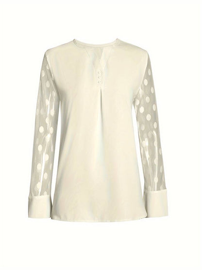 Women's Blouse - Sheer Polka Dot Sleeves - Round Neck - Relaxed Fit Stylish Wear