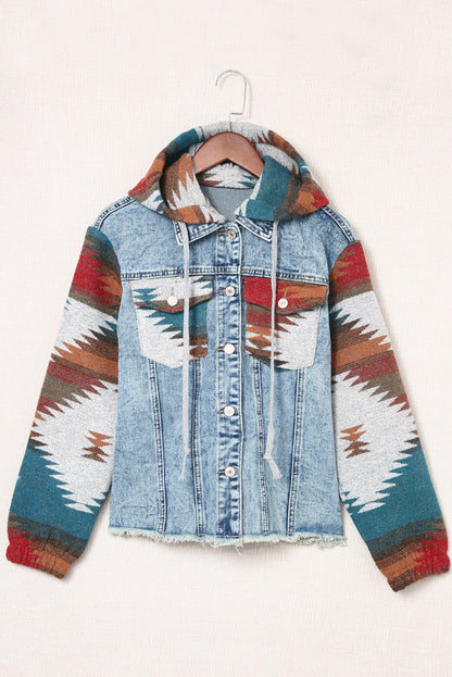 Elegant denim patchwork jacket with button-down design for women