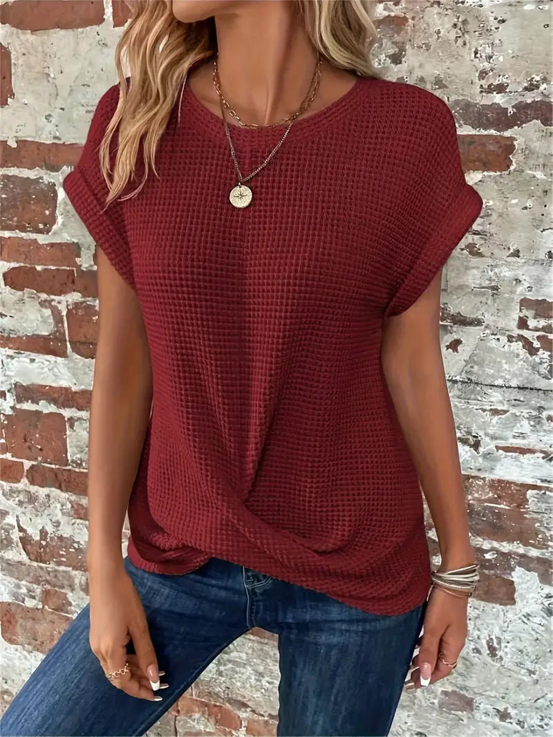 Women's Casual Top - Waffle Knit - Short Sleeve Rolled Cuff - Round Neck Relaxed Fit