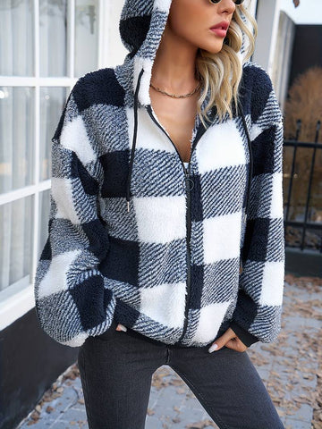 Cute checked teddy hooded jacket with zip closure