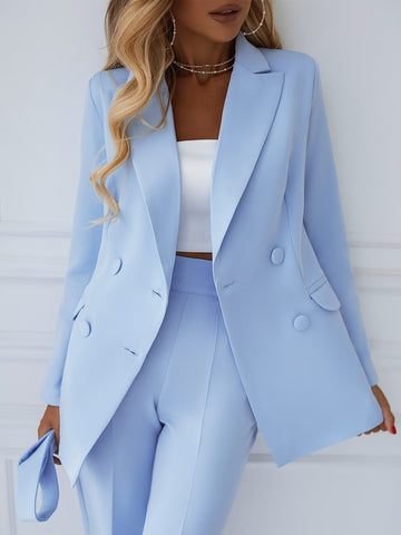 Sky blue double-breasted notched lapel suit blazer jacket for women