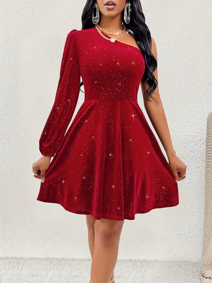 Women's One-Shoulder Dress - Embellished Shimmer - Long Sleeve Elegant Evening Wear