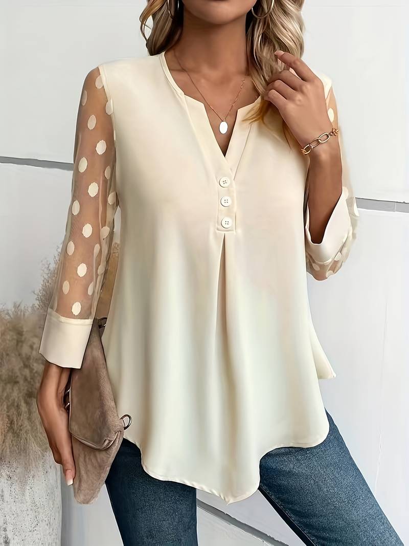 Women's Blouse - Sheer Polka Dot Sleeves - Round Neck - Relaxed Fit Stylish Wear