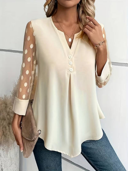 Women's Blouse - Sheer Polka Dot Sleeves - Round Neck - Relaxed Fit Stylish Wear