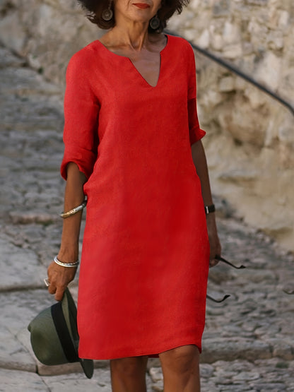 Women's V-Neck Shift Dress - Knee-Length - 3/4 Sleeve Relaxed Fit Casual Wear