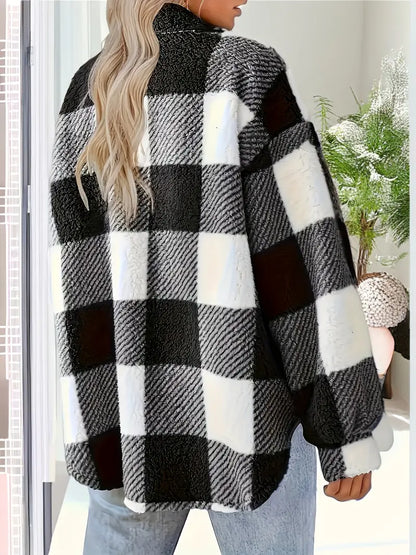 Women’s warm plaid lapel button plush jacket