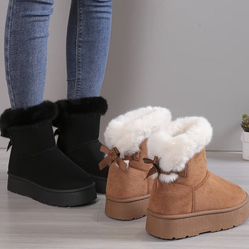 Women's stylish mid-top fleece and padded plush boots with bow knot