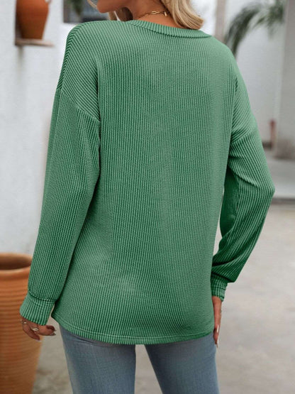 Women's V-Neck Sweater - Textured Knit - Long Sleeve - Relaxed Fit - Chest Pocket