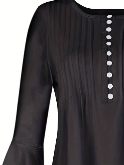Women's Blouse - Pleated Design - V-Slit Neckline with Buttons - 3/4 Flare Sleeves