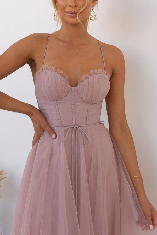 Women's Tulle Maxi Dress - Spaghetti Straps - Fitted Bodice - Layered Flowing Skirt