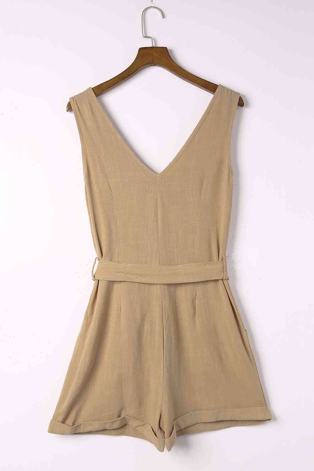 Women's Sleeveless Romper - V-Neck Button Front - Tie Waist Casual Shorts