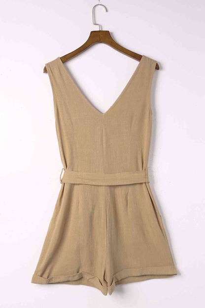 Women's Sleeveless Romper - V-Neck Button Front - Tie Waist Casual Shorts