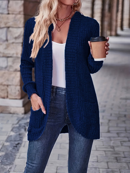 Open front ribbed longline casual cardigan sweater for women