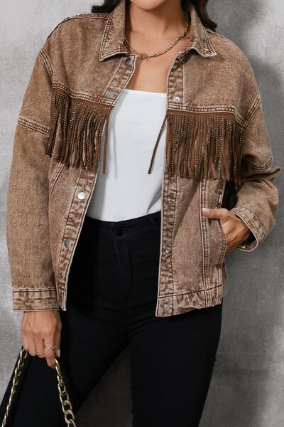Women's snap button fringe denim jacket