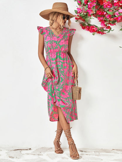 Women's Midi Dress - V-Neck - Short Ruffled Sleeves - Fitted Waist - Floral Print
