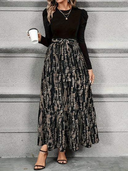 Women's Maxi Dress - Fitted Bodice - Long Sleeve Puff Shoulder - Flowing Skirt