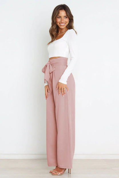 Women’s Wide-Leg Trousers – High Waist – Tailored Fit – Bow Waist Detail – Flowy Fabric