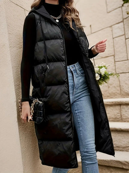 Women's zippered hooded jacket with drawstring and slant pockets