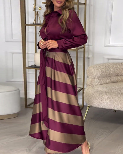 Women’s Maxi Dress - Button-Up Long Sleeve - Striped Flowing Skirt - Belted Waist