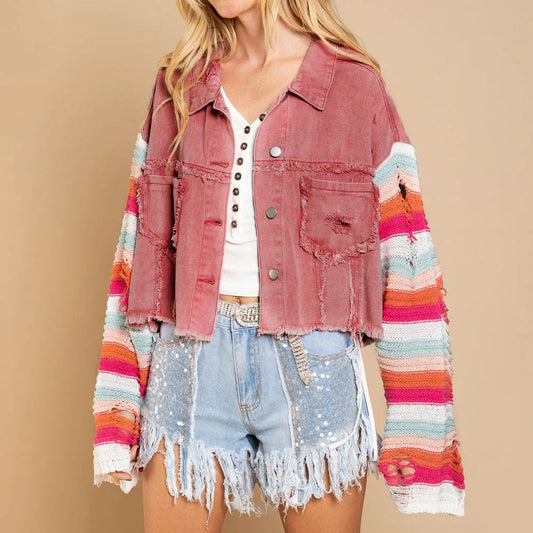 Distressed Button Closure Stylish Jacket