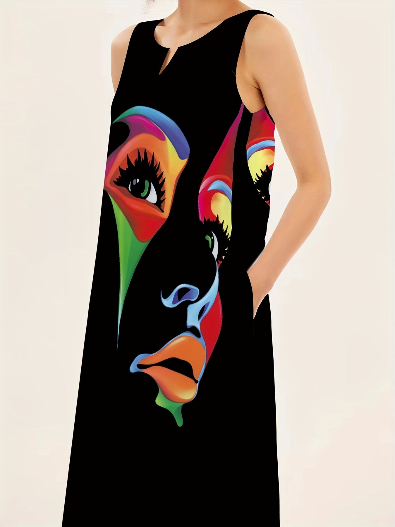 Women's Sleeveless Maxi Dress - Abstract Face Print - Flowing Relaxed Fit - V-Neck Elegant