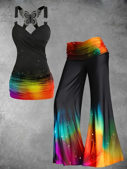 Sleeveless gradient waist t-shirt and wide-leg pants set for women