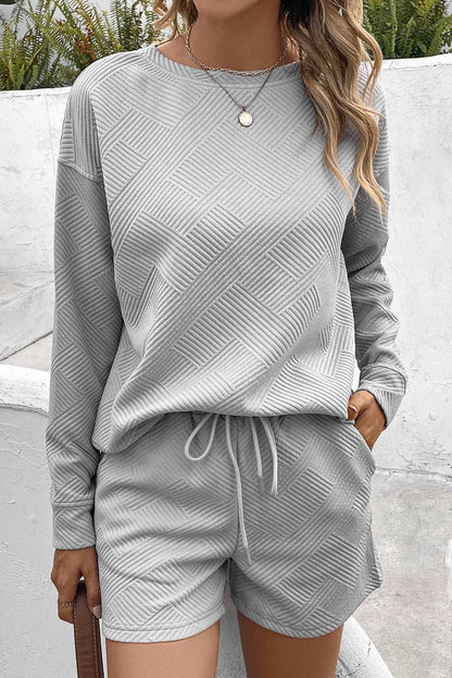 Women’s Lounge Set – Textured Knit – Relaxed Fit – Long Sleeve Top & Adjustable Shorts