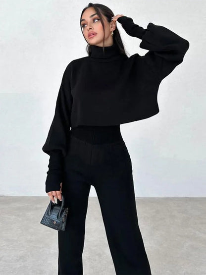 Women's high collar loose long-sleeved tops and pants set