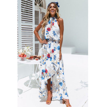 Women's Maxi Dress - Halter Neck Keyhole - Flowy Asymmetrical Skirt - Elegant Fit