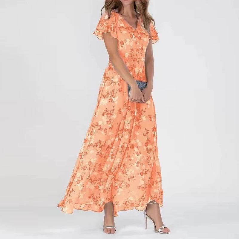 Floral Print Flowy V-Neck Maxi Dress