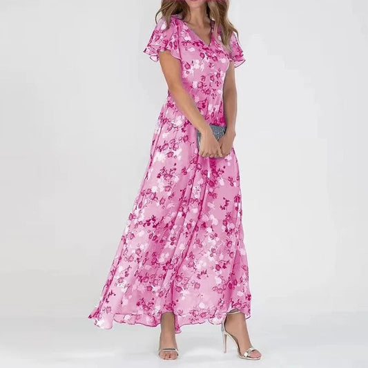 Floral Print Flowy V-Neck Maxi Dress