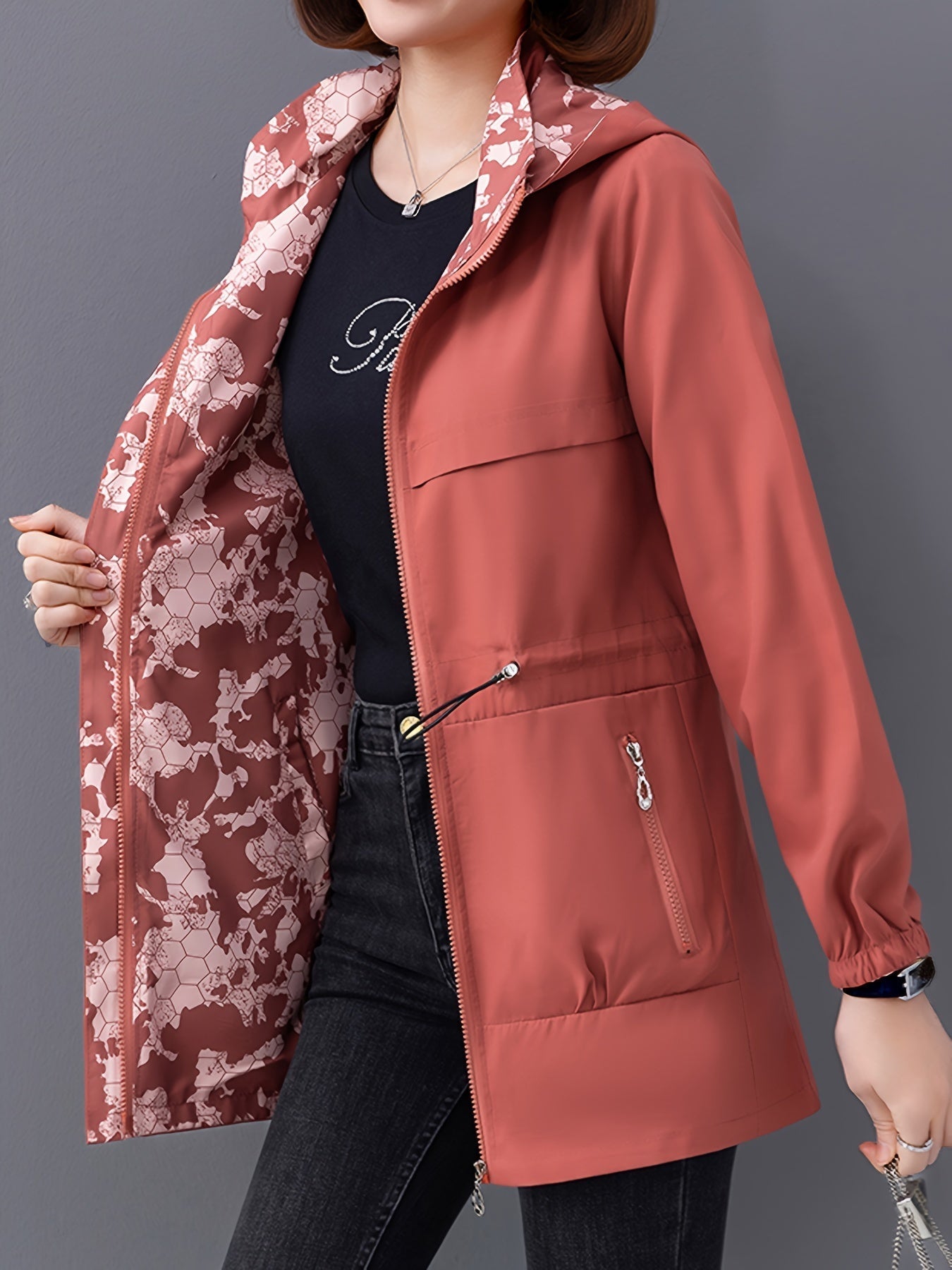 Women's stylish double-sided hooded coat with pockets