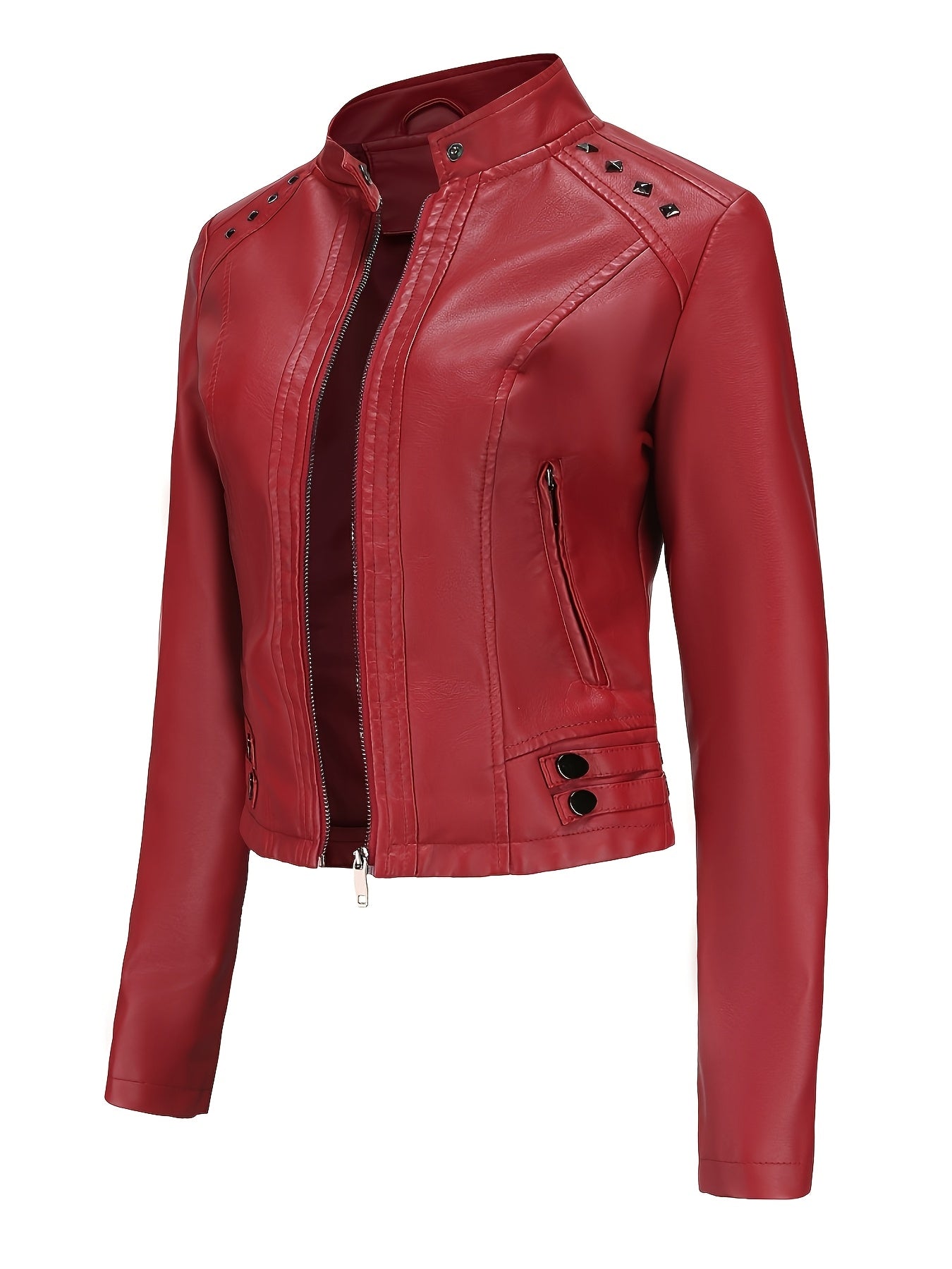 Studded moto jacket with zip closure and stand collar for women