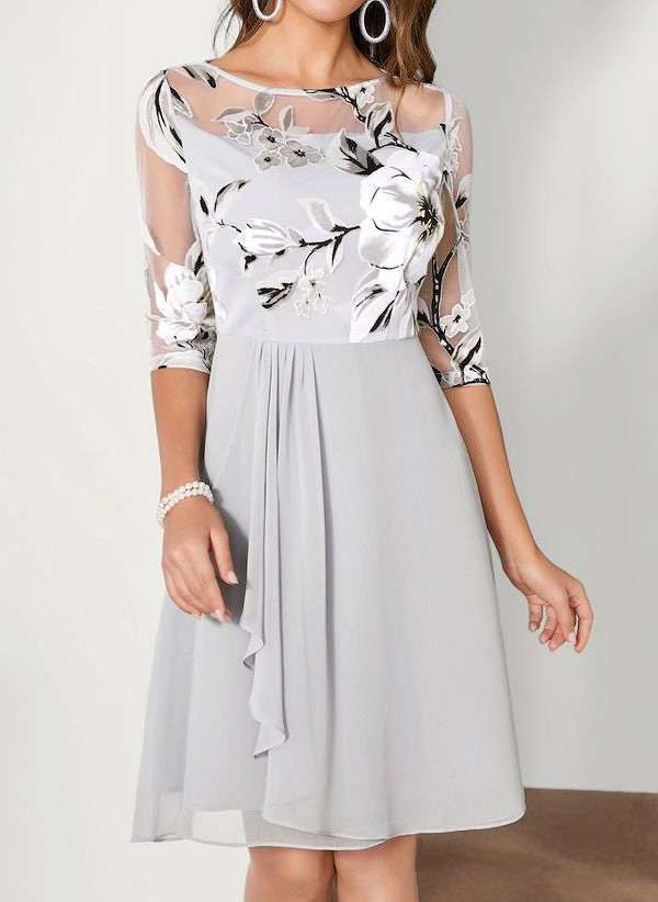 Women's A-Line Dress - Sheer Mesh & Floral Embroidery - Half Sleeve - Cocktail & Semi-Formal