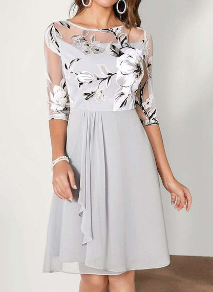 Women's A-Line Dress - Sheer Mesh & Floral Embroidery - Half Sleeve - Cocktail & Semi-Formal