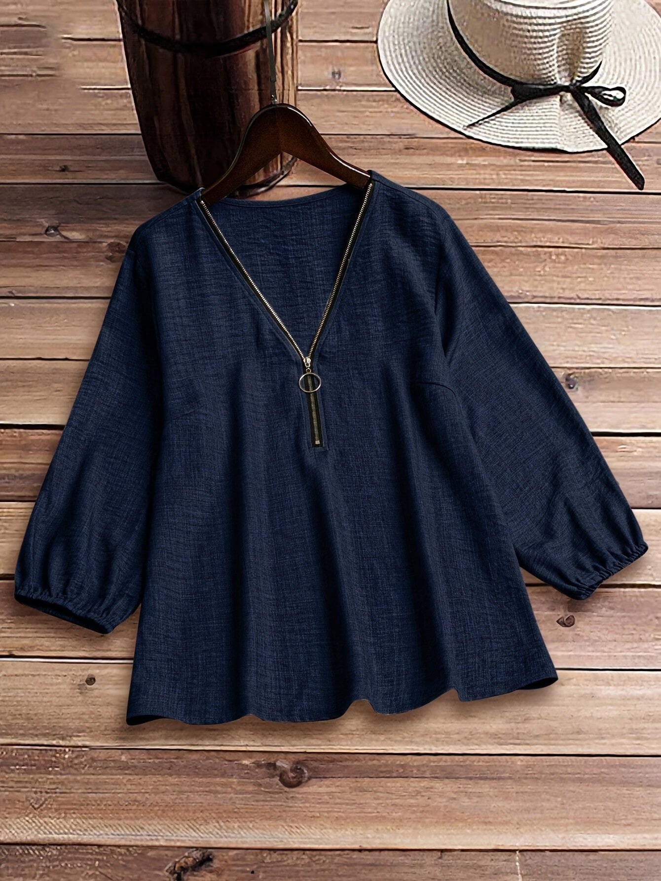 Women's Blouse - Zipper Front - Three-Quarter Sleeve - Stylish & Versatile