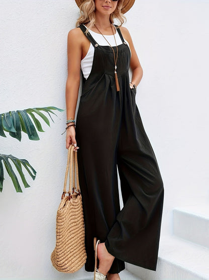 Women's Jumpsuit - Wide Leg Loose Fit - Sleeveless Cotton Blend - Casual Bib Style